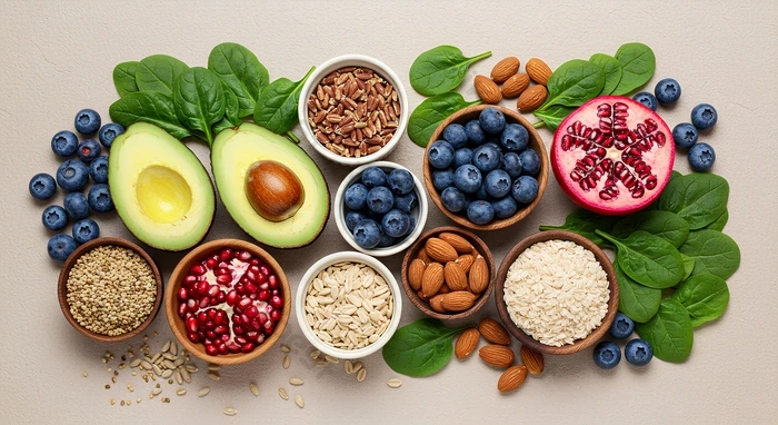 Halved avocado, blueberries, pomegranate, almonds, oats and seeds in small bowls with fresh spinach leaves