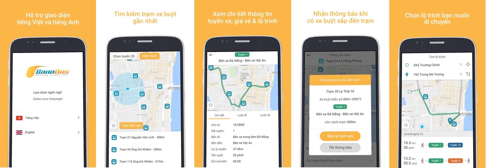 Five DanaBus app screenshots on phones showing language choice, nearby bus stops, route details and live bus tracking