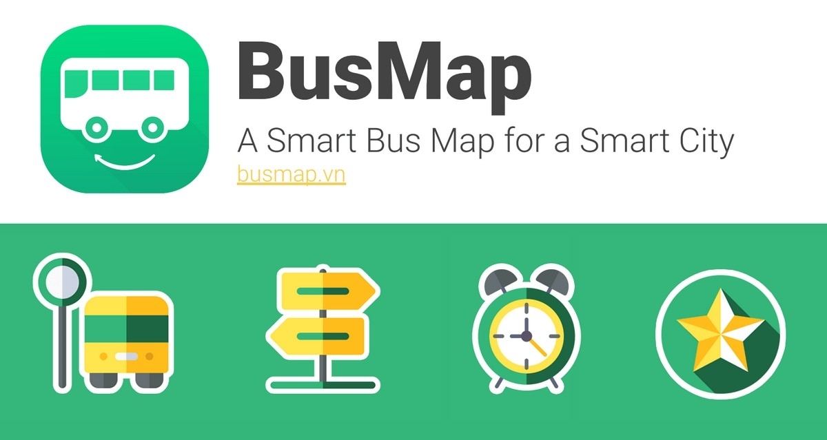 Green BusMap logo and tagline A Smart Bus Map for a Smart City with bus stop, signpost, alarm clock and star icons