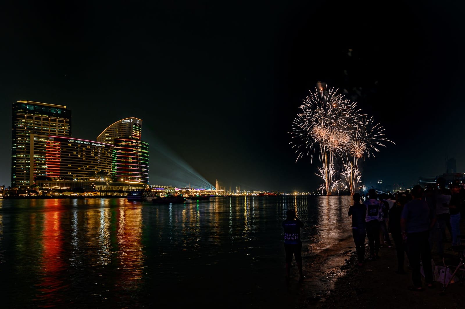 Fireworks lighting up the night sky over a riverside city