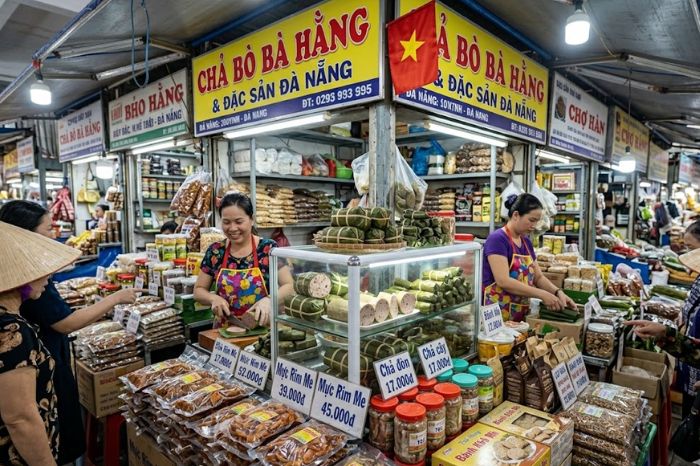 Banana-leaf-wrapped sausages stacked at a Vietnamese specialty-food stall
