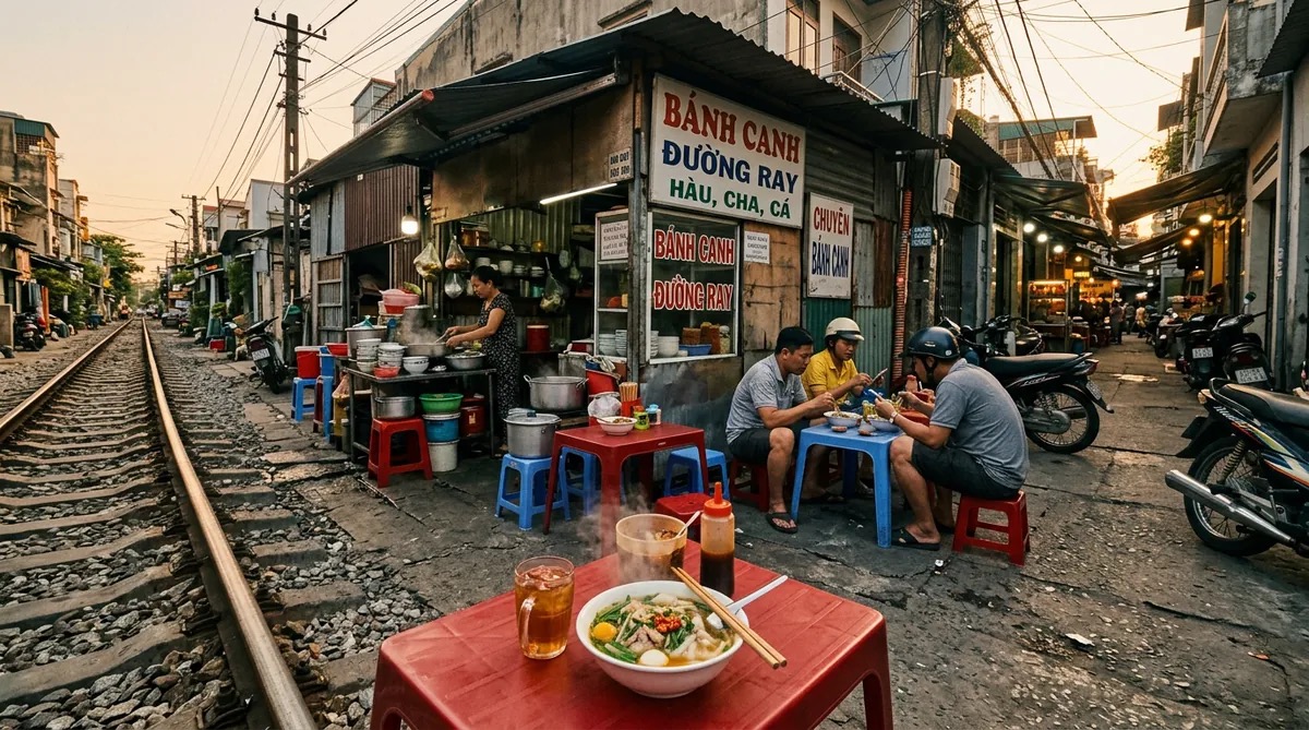 An evening Da Nang street-side noodle stall with plastic stools