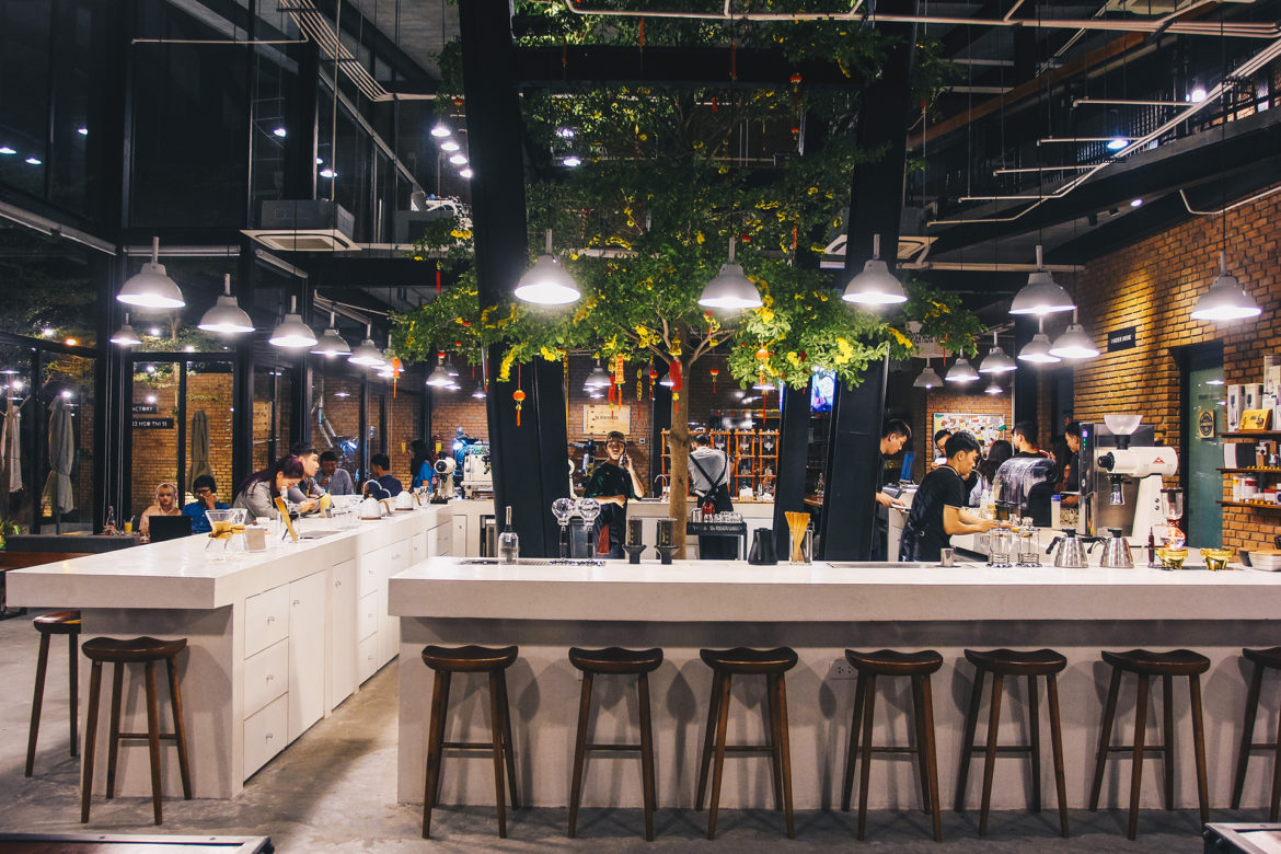 Working online at a café with public wifi in Vietnam