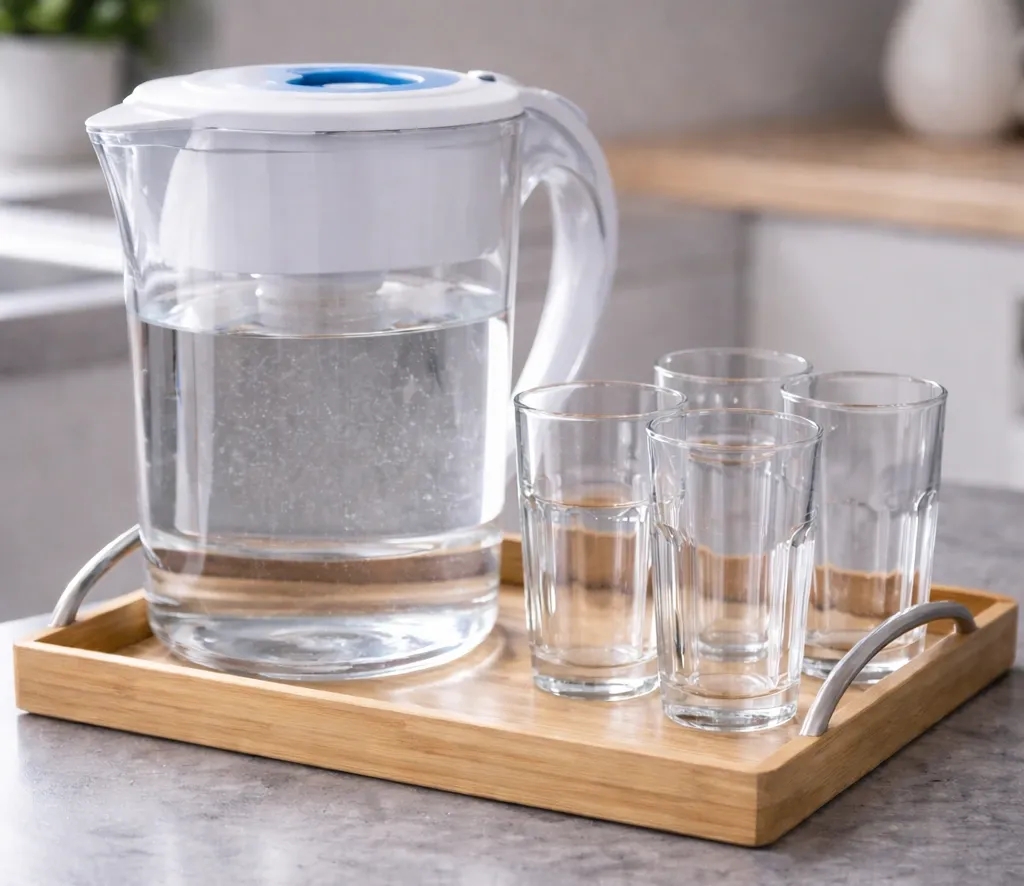 A glass of cooled boiled water — đun sôi để nguội, the everyday drinking water in Vietnamese homes.