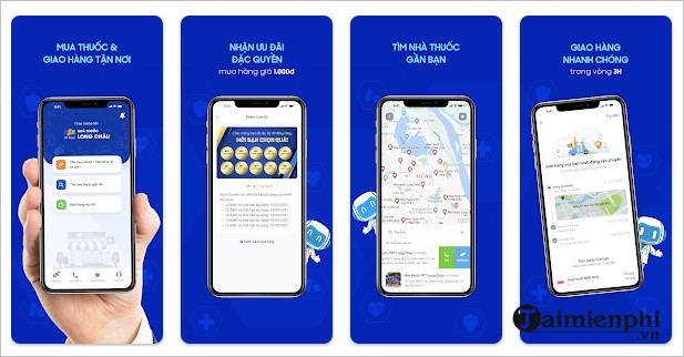 Four screens from the Nhà Thuốc Long Châu app, showing medicine ordering with home delivery, a member offers page, a map of nearby branches, and three-hour delivery